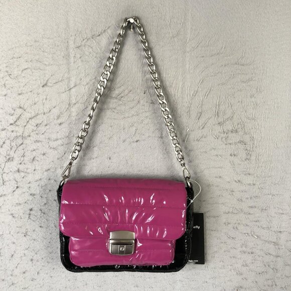 Think Royln Bag Womens Pink Black Patent Quilted Chain Crossbody Shoulder Purse - Picture 1 of 16